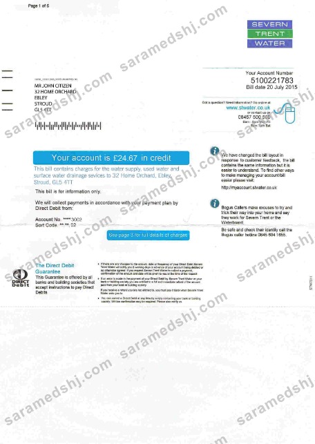 United Kingdom Severn Trent Water utility bill template, fully editable in PSD format